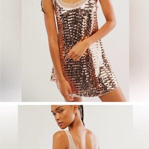 Free People Gold Pink Mini Slip Dress with Sleeveless Scoop Neck for Night Out